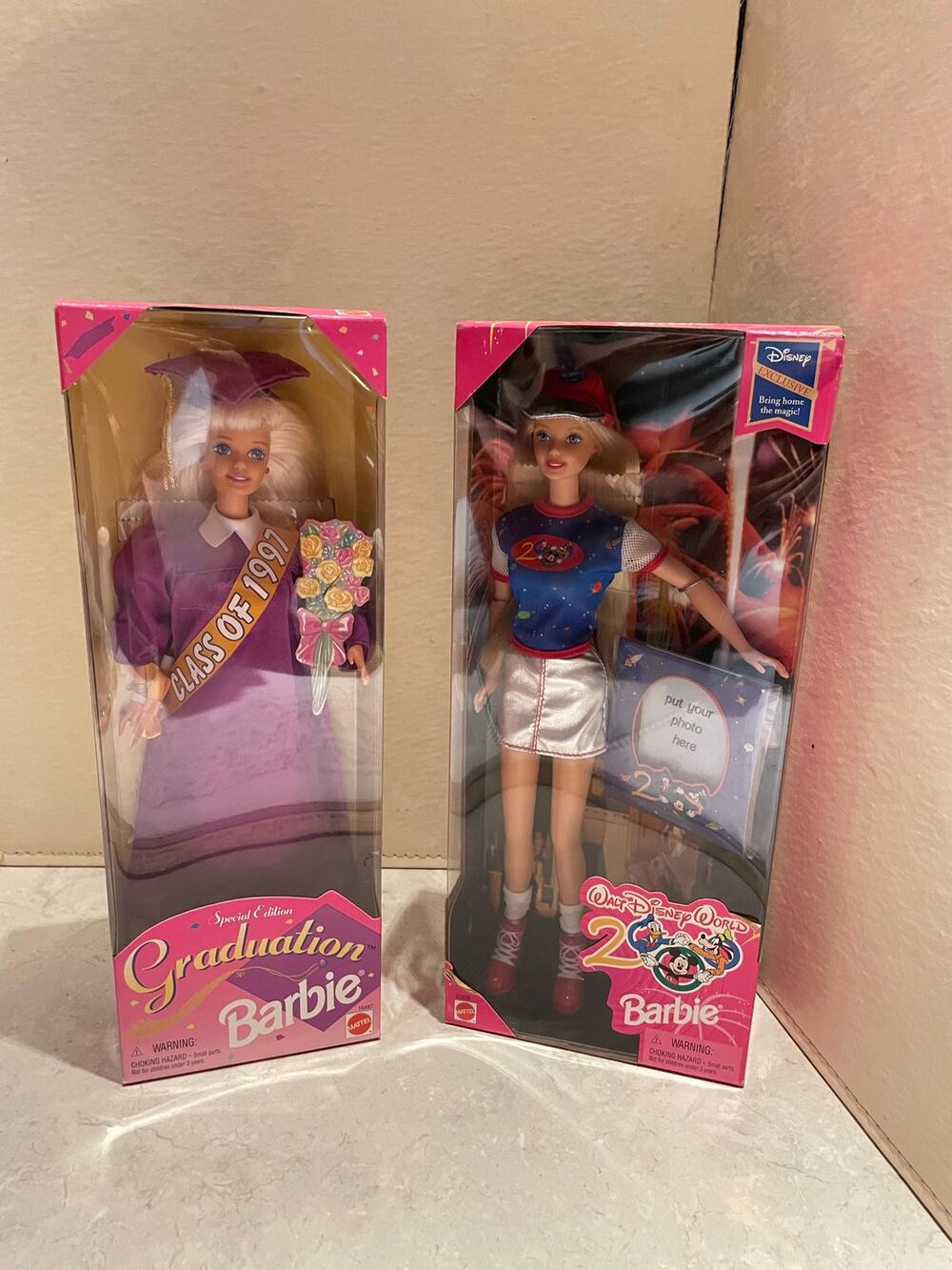Vintage Barbies 1996 graduation Barbie & 1998 Walt Disney World 2000 Barbie NOS